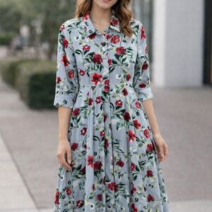 Floral Button-Front Midi Dress in Light Blue with Red Bloom